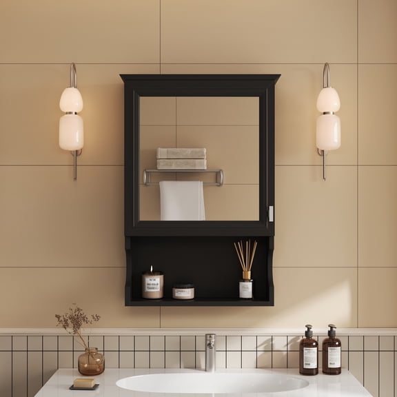 Alvantor 20" x 29" Black Wall Mounted Medicine Cabinet with Mirror, Open Shelves, Adjustable Shelves