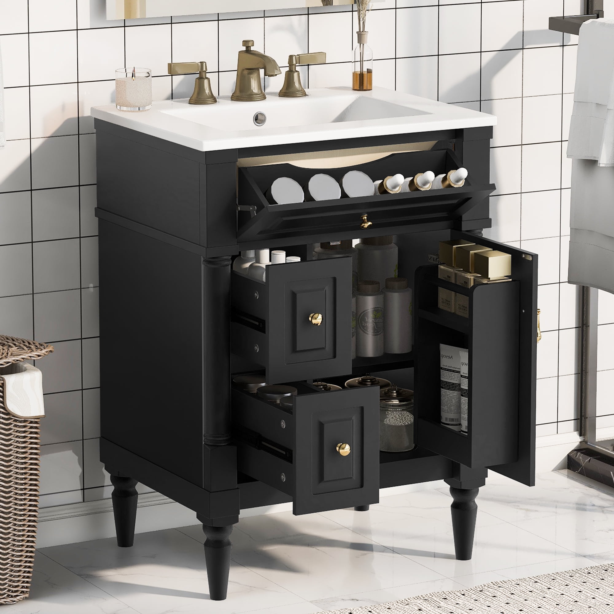 Alvantor 24" Bathroom Vanity with Ceramic Sink, Freestanding Storage Cabinet with Flip Drawers Black