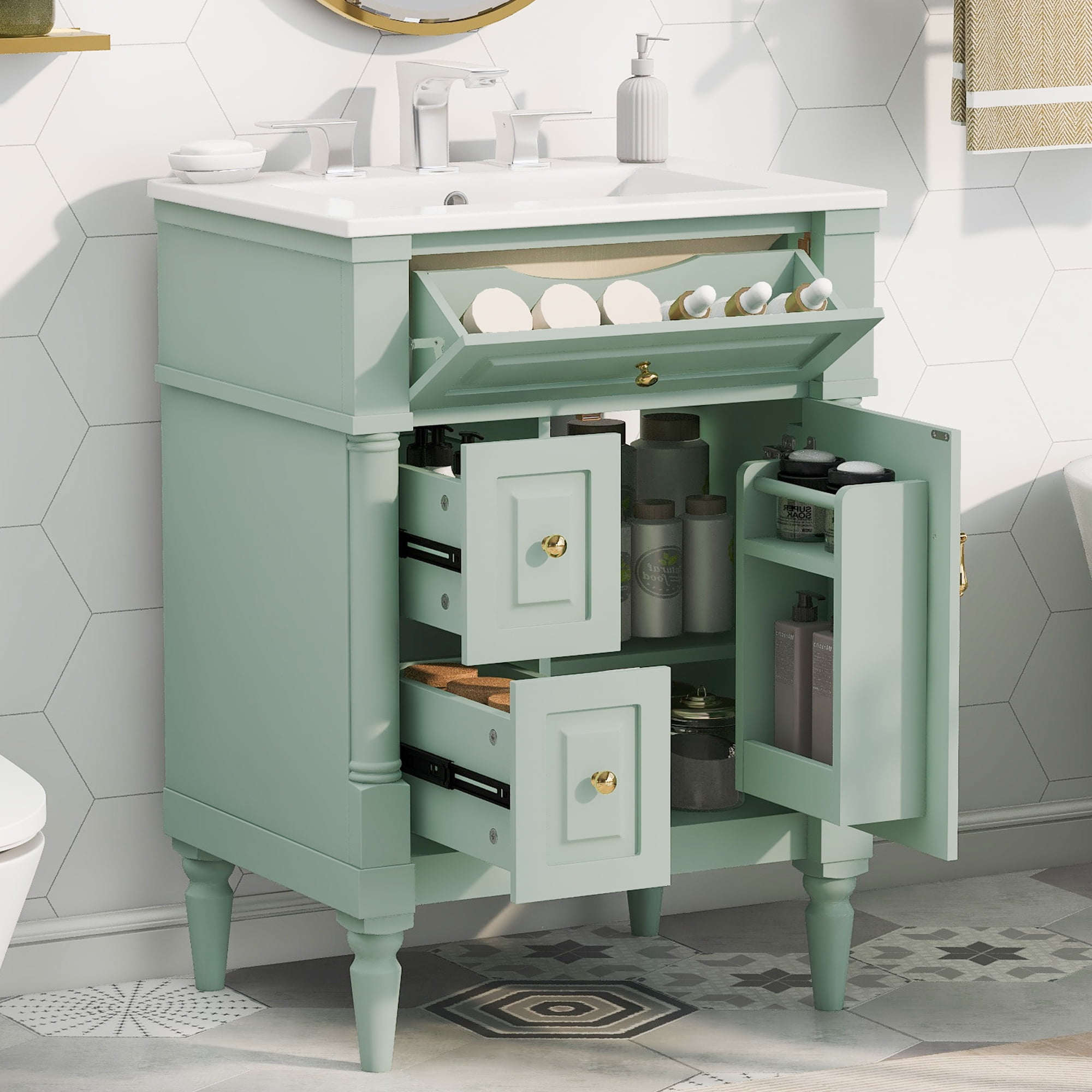 Alvantor 24" Bathroom Vanity with Ceramic Sink, Freestanding Storage Cabinet with Flip Drawers Green