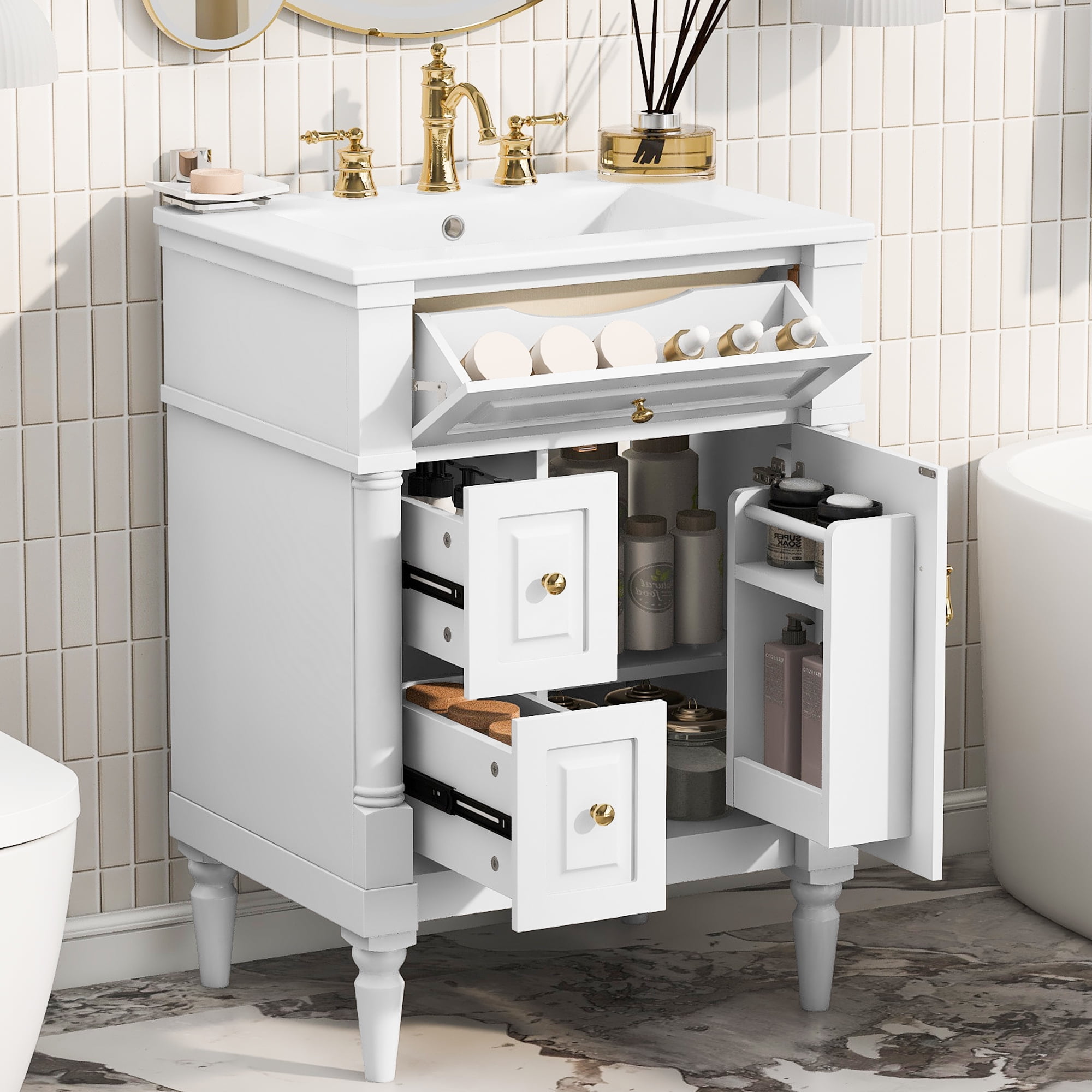 Alvantor 24" Bathroom Vanity with Ceramic Sink, Freestanding Storage Cabinet with Flip Drawers White