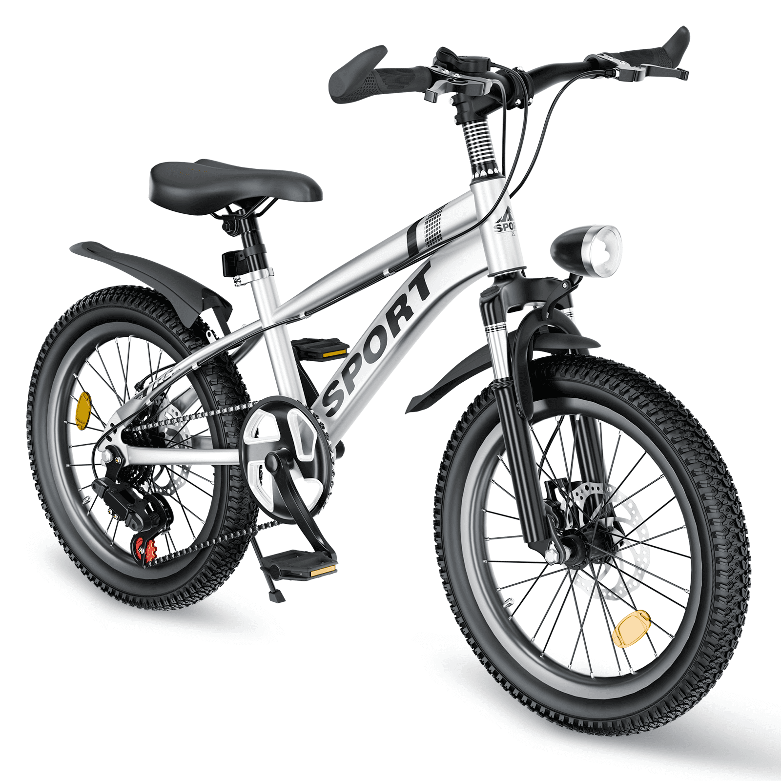Alvantor 24" Kids Bike with LED Lights, High Carbon Steel Bicycle, 7-Speed Gears, Teen, Silver