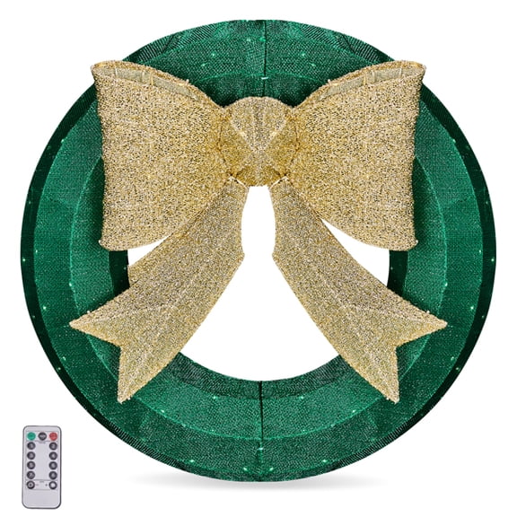Alvantor 24 in Pre-Lit Outdoor Decorative Wreath with Golden Bow,200 Green and Warm White LED Lights,Collapsible Indoor Outdoor Wreath,Rustproof Metal Frame