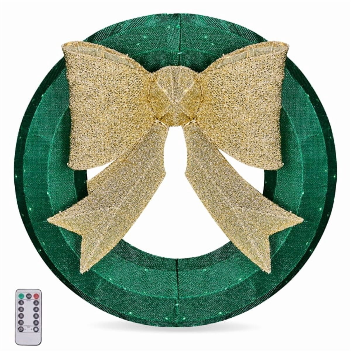 Alvantor 24 in Pre-Lit Christmas Wreath with 200 Green and Warm White LED Lights, Golden Bow and Weather-Resistant Metal Frame