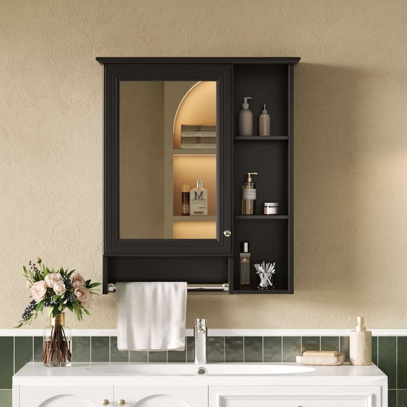 Alvantor 24" x 28" Black Wall Mounted Medicine Cabinet with Mirror, Towel Bar, Adjustable Shelves