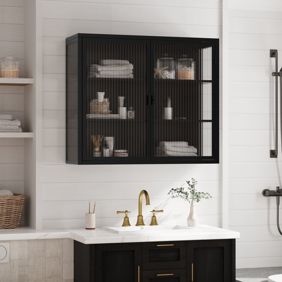 Alvantor 28" x 24" Black Wall Mounted Wall Cabinet, Glass Doors