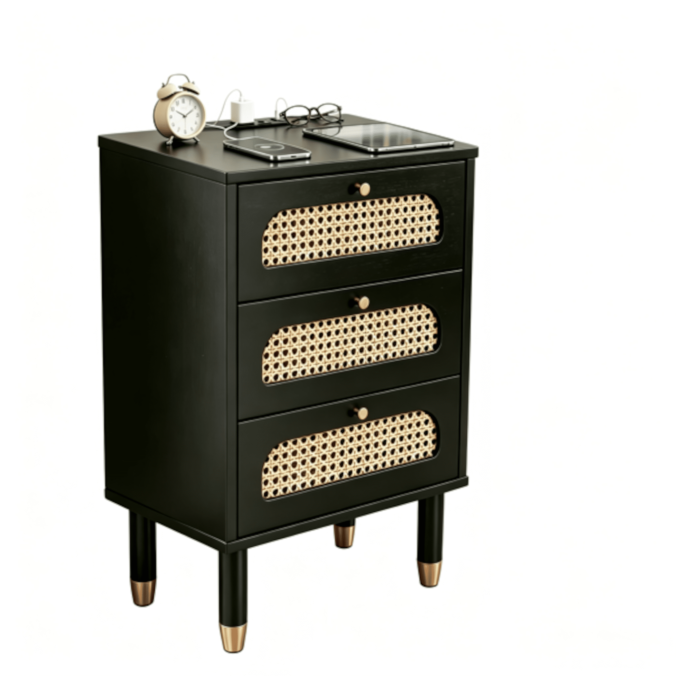 Alvantor 3-Drawer Nightstand with Built-in Charging Station, Black Rattan Accent Fronts, USB Ports and Power Outlet