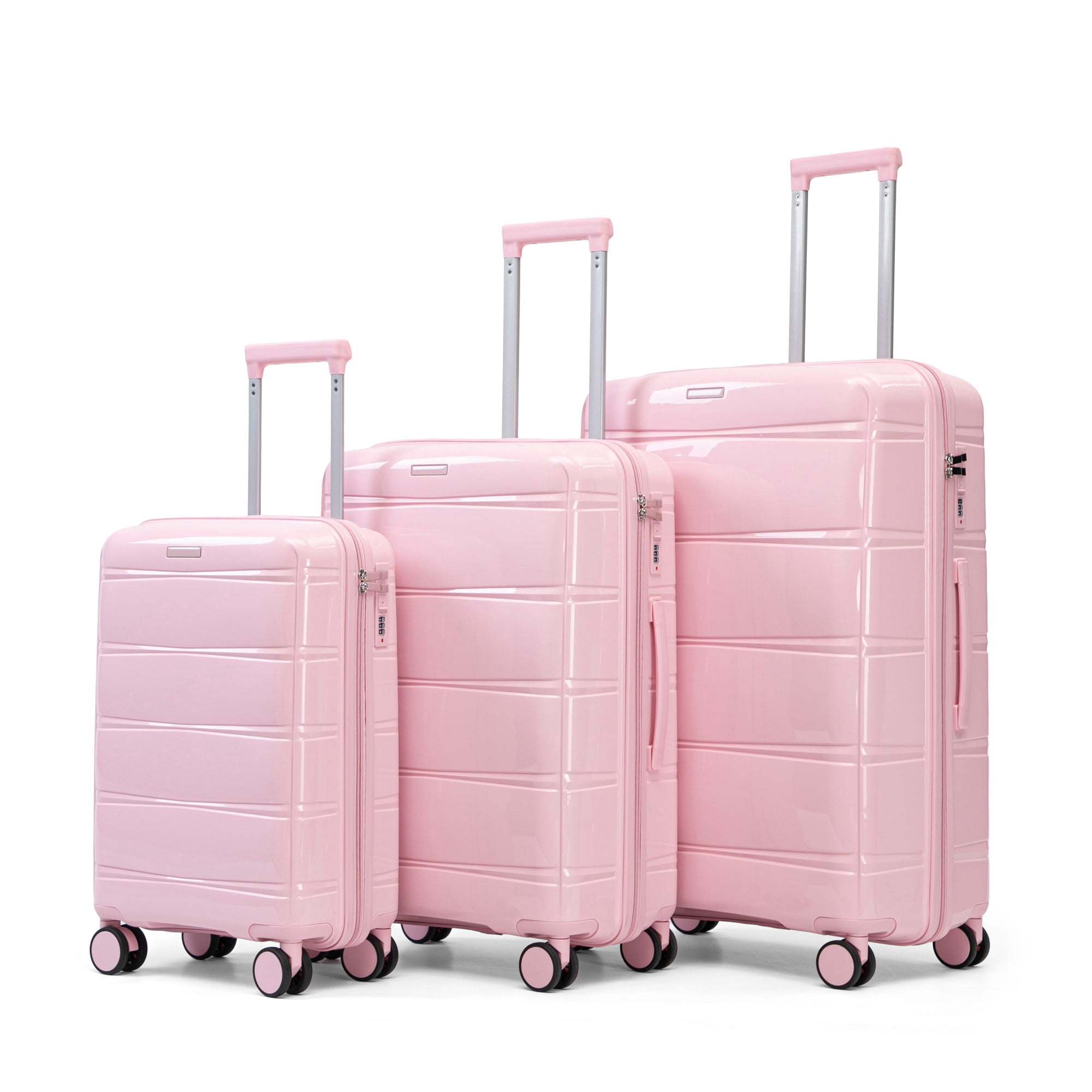 Alvantor 3 Piece Hardshell Luggage Set PP Hardside Suitcase with Iron Telescopic Handle Side Hook 20"24"28"(Pink)
