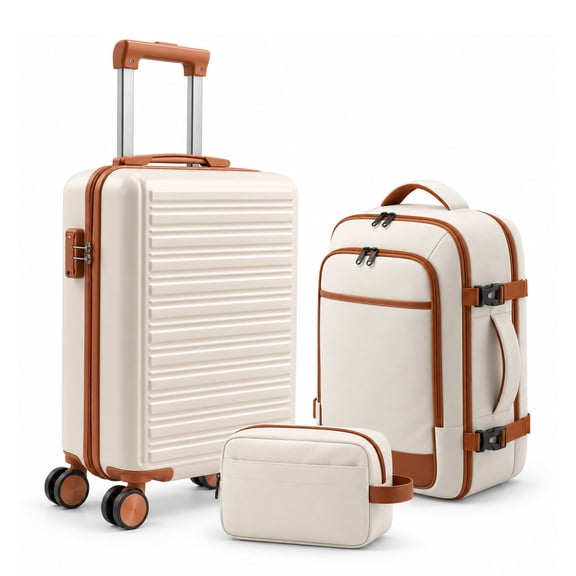 Alvantor 3-Piece Hardside Expandable Luggage Set with Backpack, Toiletry Bag, TSA Lock, Spinner Wheels, Beige