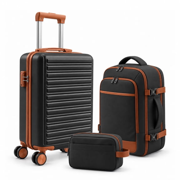 Alvantor 3-Piece Hardside Expandable Luggage Set with Backpack, Toiletry Bag, TSA Lock, Spinner Wheels, Black