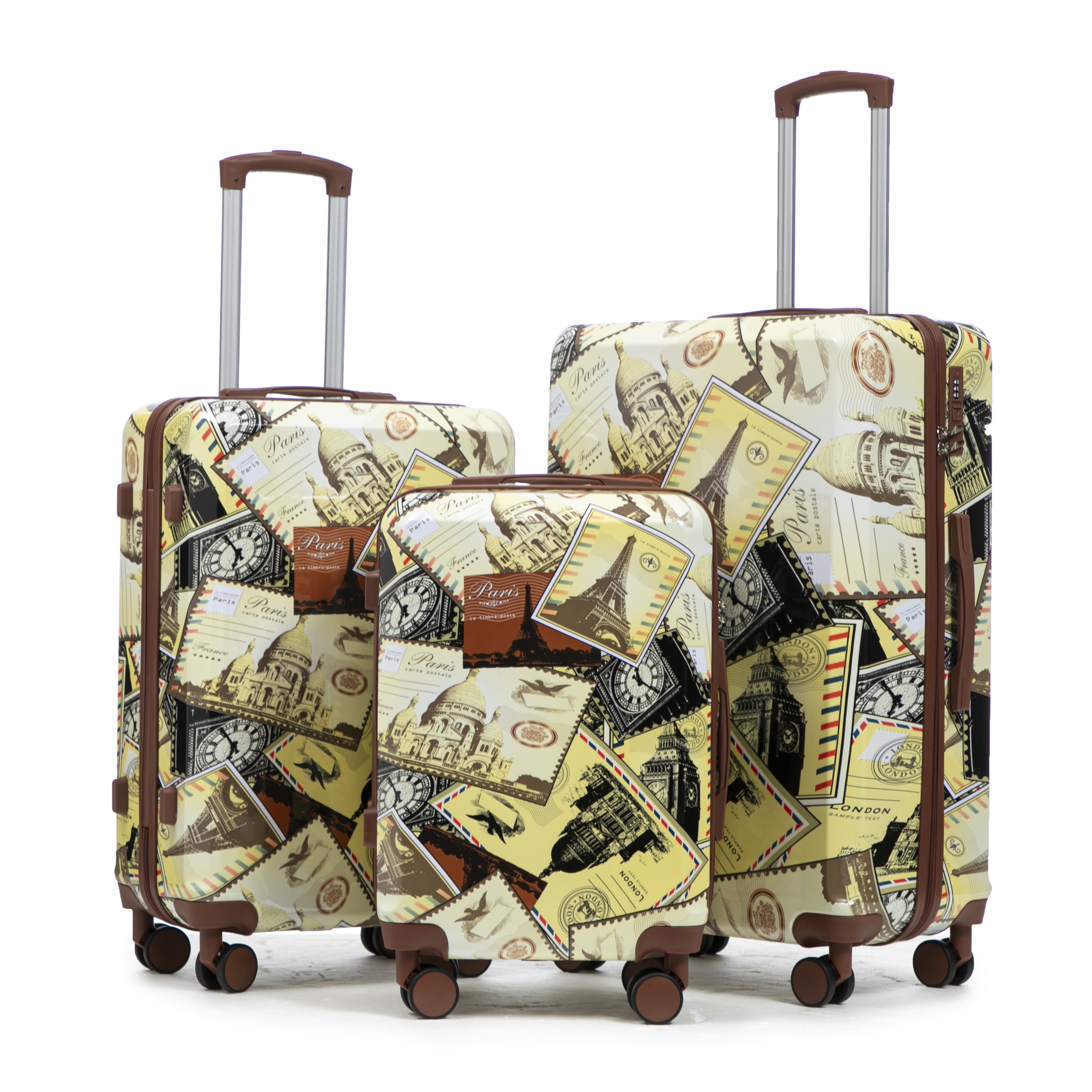 Alvantor 3 Piece Luggage Sets, Hardside Lightweight Suitcase with Combination Lock and City Stamps Printed, 20/24/28 Inch