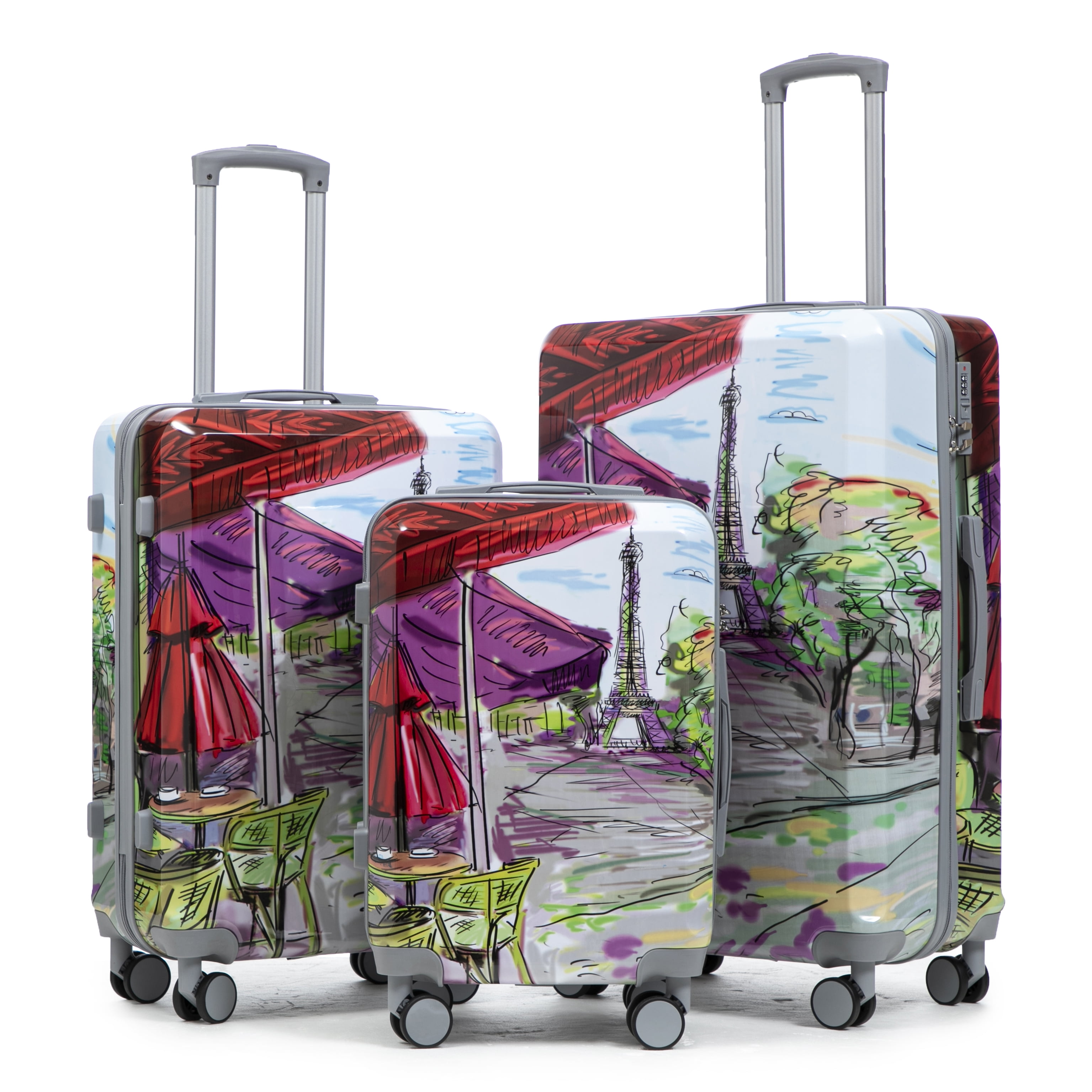 Alvantor 3 Piece Luggage Sets, Hardside Lightweight Suitcase with Combination Lock and Tower Printed, 20/24/28 Inch