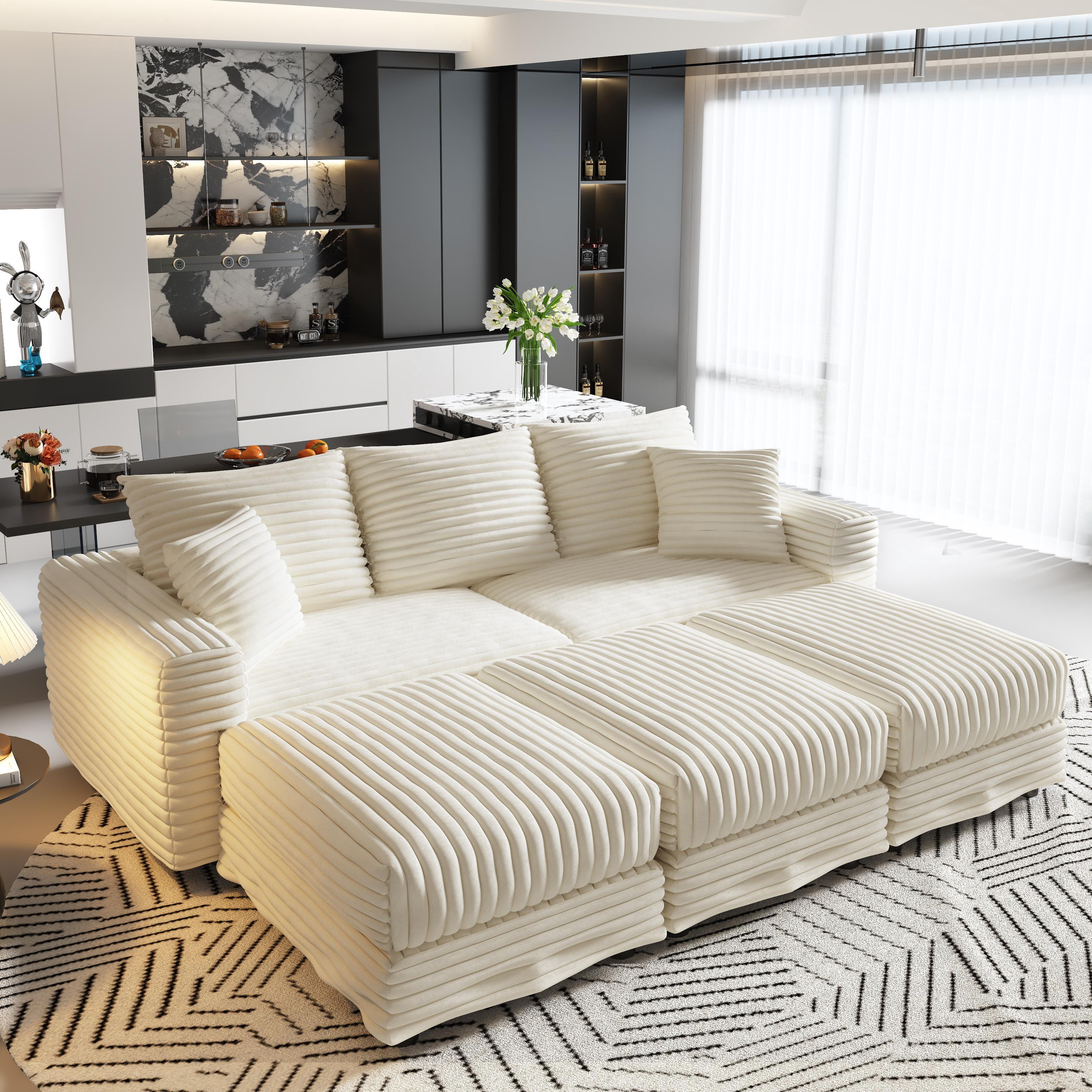 Alvantor 3-Seat Sofa with 3 Movable Ottomans 83 " W Corduroy Upholstered Deep Seat Couches Convertible Chaise for Living Room, Apartment Beige