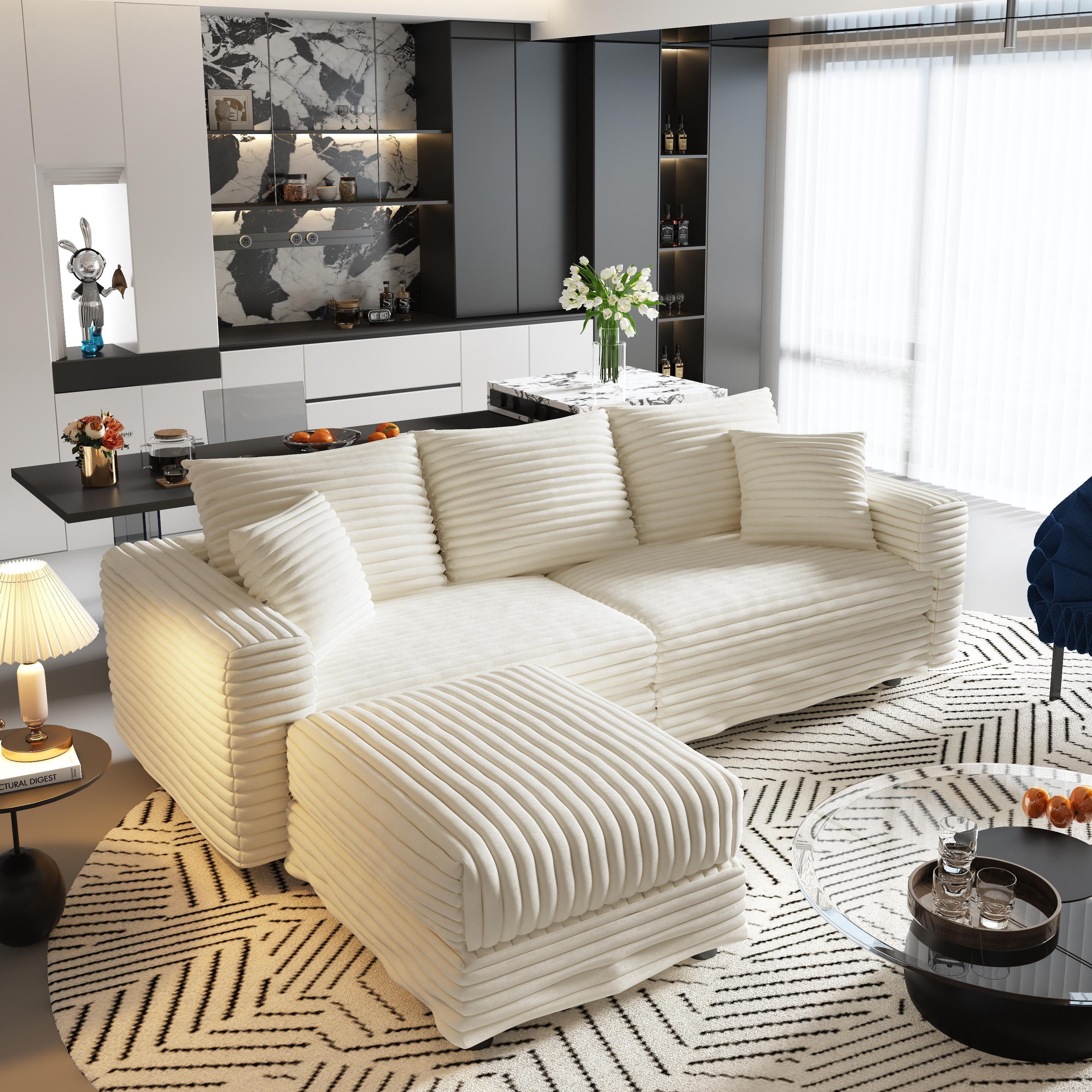 Alvantor 3-Seat Sofa with Movable Ottomans 83 " W Corduroy Upholstered Deep Seat Couches L Shaped Convertible Chaise for Living Room, Apartment Beige