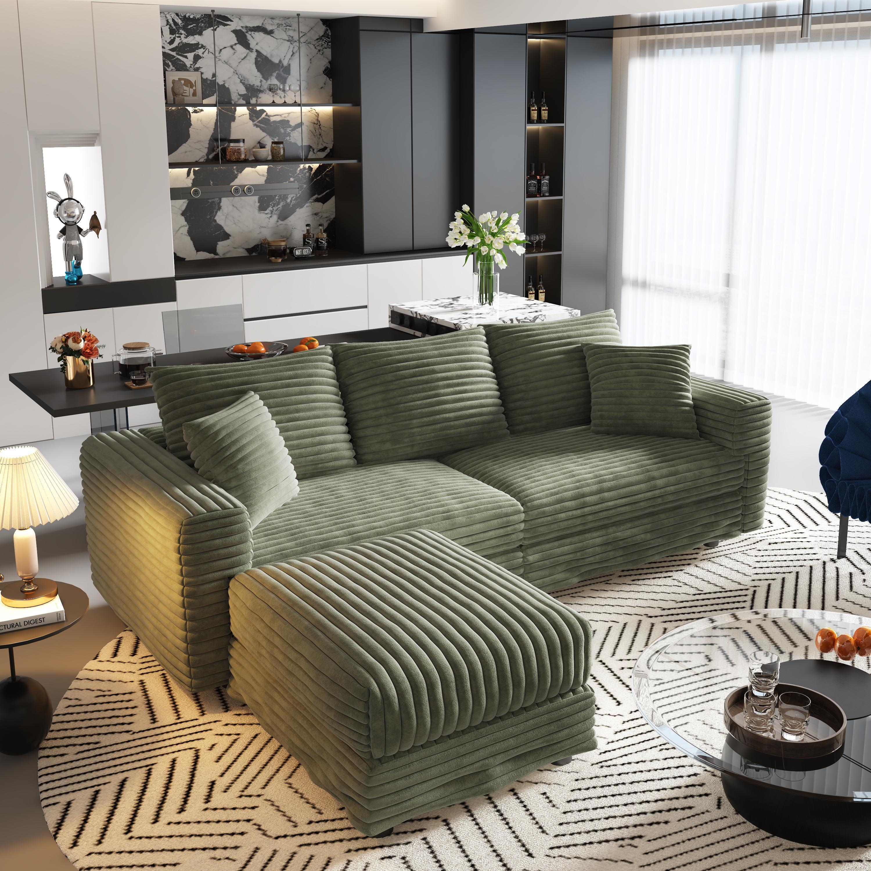 Alvantor 3-Seat Sofa with Movable Ottomans 83 " W Corduroy Upholstered Deep Seat Couches L Shaped Convertible Chaise for Living Room, Apartment Green