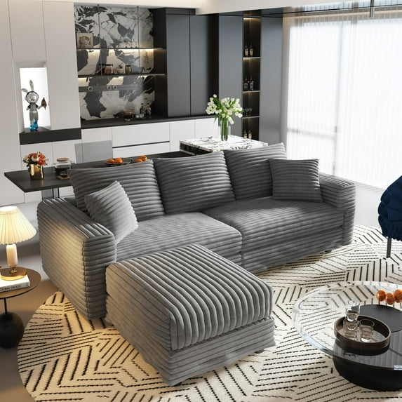 Alvantor 3-Seat Sofa with Movable Ottomans 83 " W Corduroy Upholstered Deep Seat Couches L Shaped Convertible Chaise for Living Room, Apartment Grey