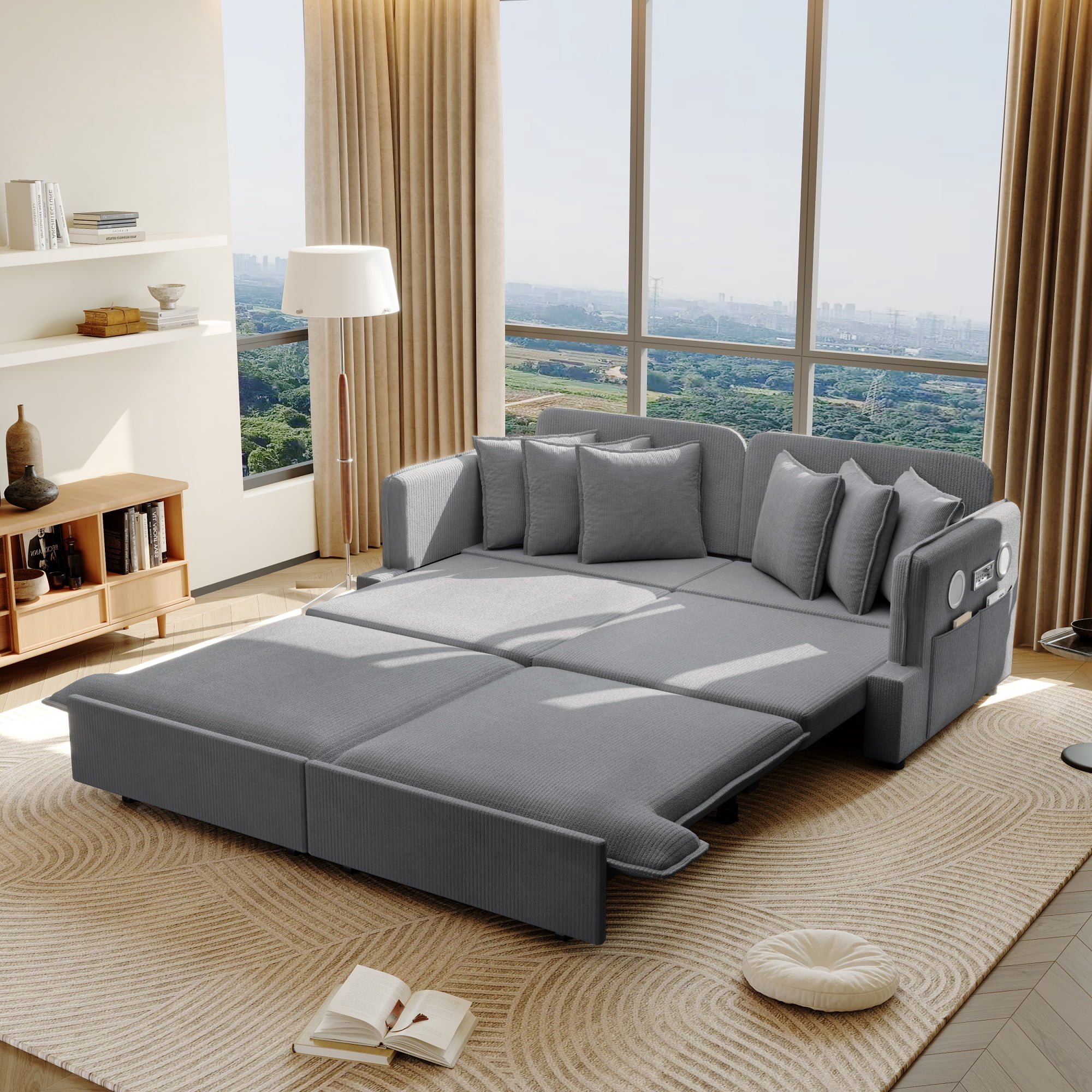 Alvantor 3 in 1 Convertible Sleeper Sofa Bed, 68" W Pull Out Sofa Bed with Bluetooth Speakers, USB Ports for living room, Apartment, Grey