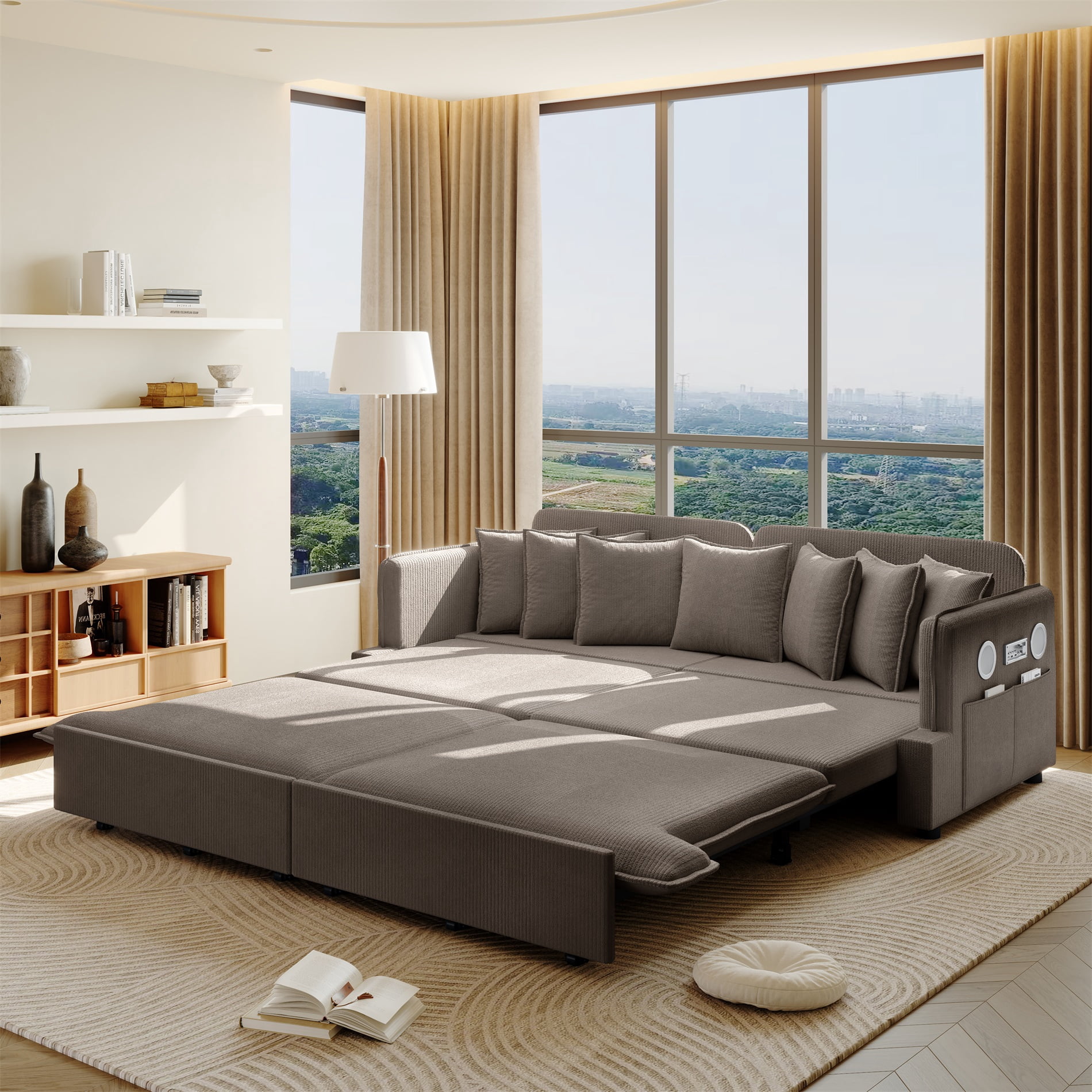 Alvantor 3 in 1 Convertible Sleeper Sofa Bed, 82" W Pull Out Sofa Bed with Bluetooth Speakers, USB Ports for living room, Apartment, Brown
