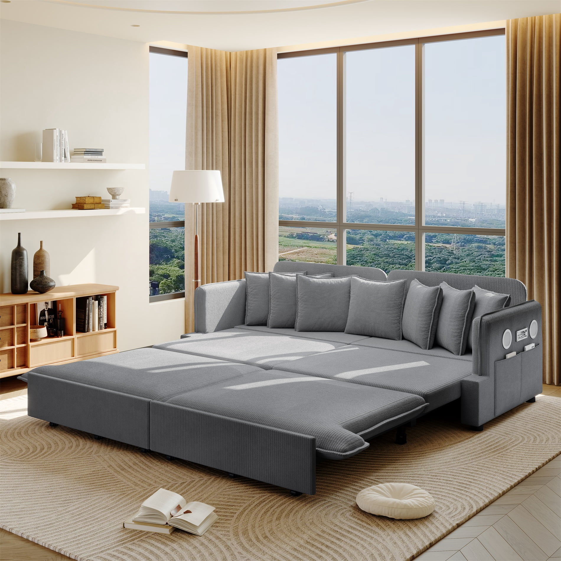 Alvantor 3 in 1 Convertible Sleeper Sofa Bed, 82" W Pull Out Sofa Bed with Bluetooth Speakers, USB Ports for living room, Apartment, Grey