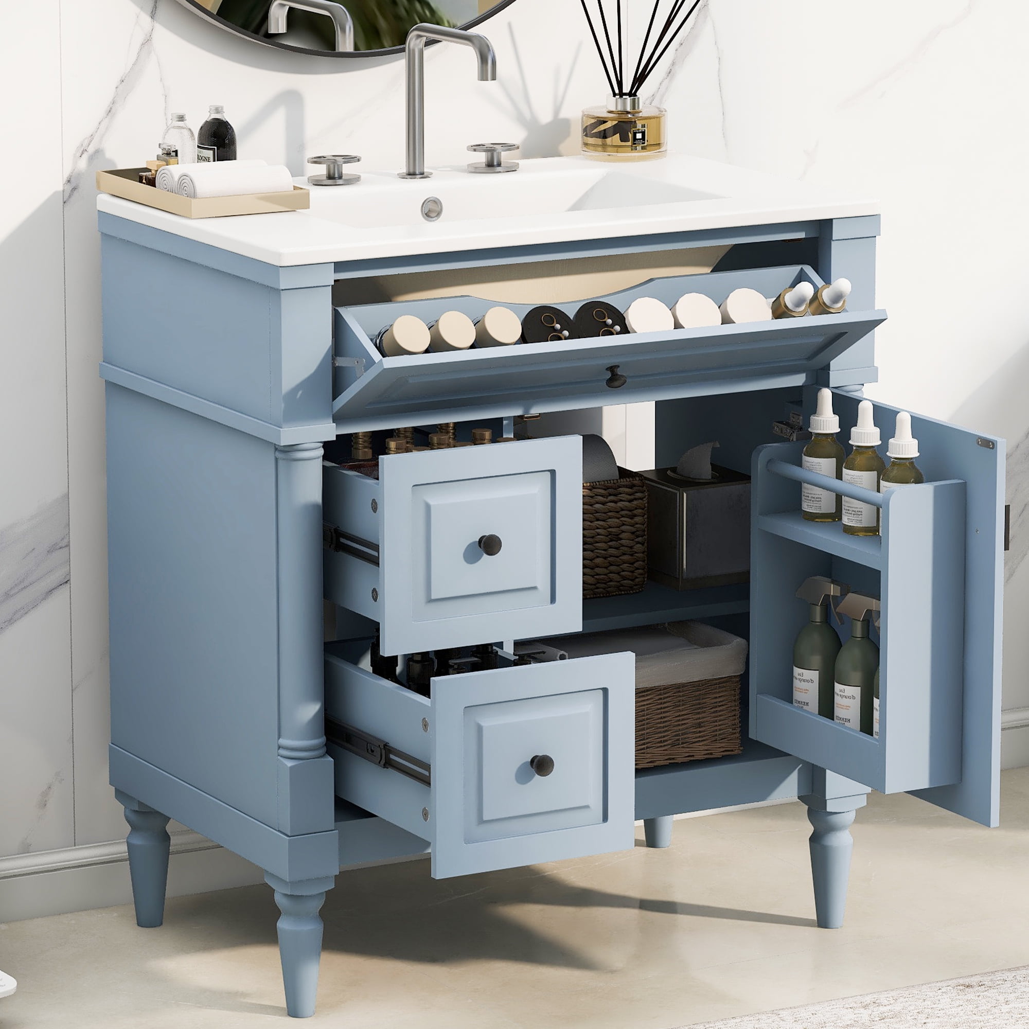 Alvantor 30" Bathroom Vanity with Ceramic Sink, Freestanding Storage Cabinet with Flip Drawers Blue