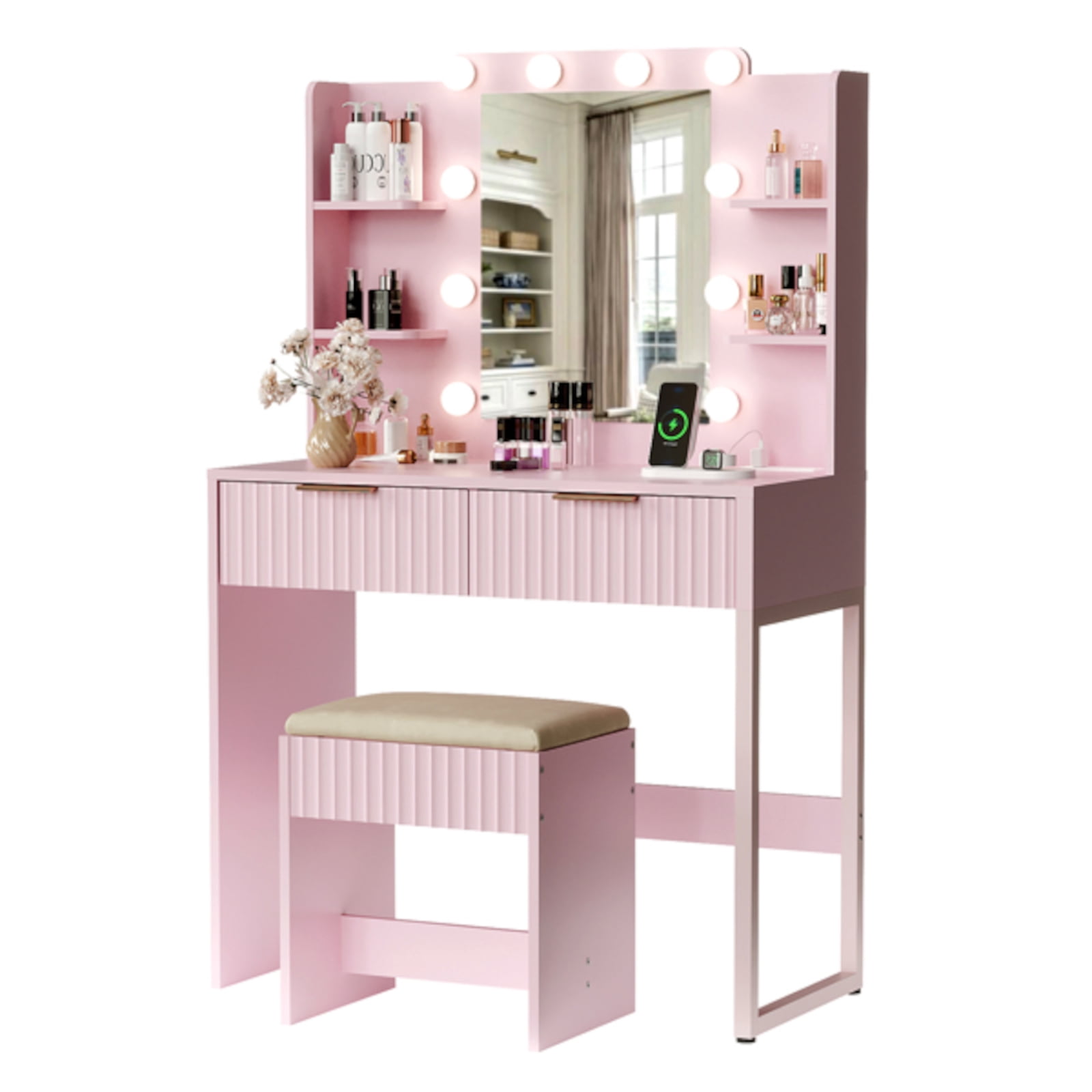 Alvantor 33.15 in Makeup Vanity Desk with Lighted Mirror, Power Strip, 2 Drawers, 4 Shelves and Cushioned Stool, Pink