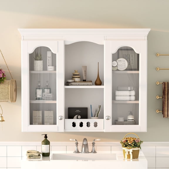 Alvantor 35" x 28" White Wall Mounted Medicine Cabinet, Adjustable Shelves, Glass Doors