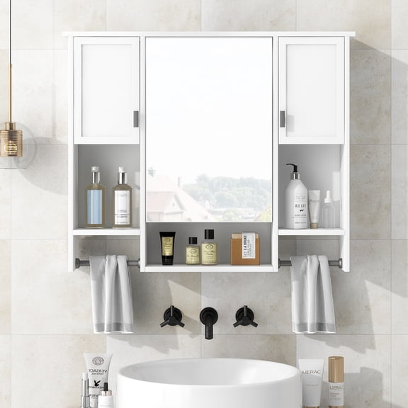 Alvantor 35" x 28" White Wall Mounted Medicine Cabinet with Mirror, Open Shelves, Towel Bar