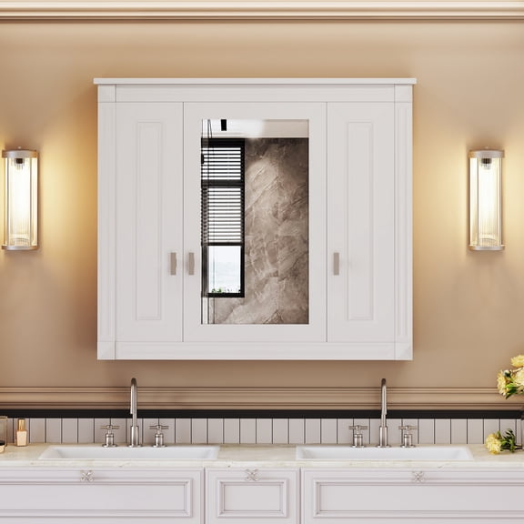 Alvantor White Wall Mounted Medicine Cabinet with Mirror and Adjustable Shelves, 35" x 29"