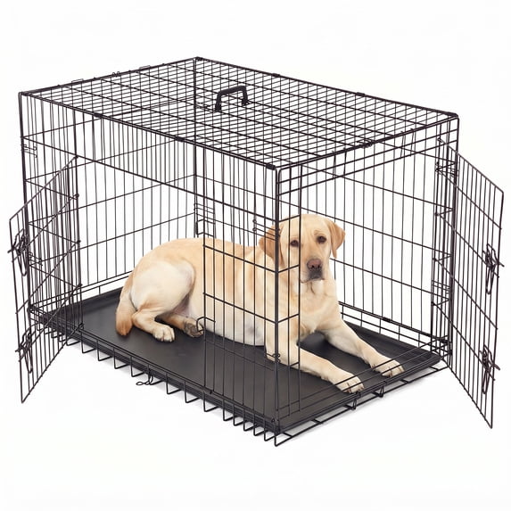 Alvantor 36-48 Inch Double Door Dog Crate - Heavy Duty Foldable Metal Cage with Divider, Removable Tray & Enhanced Safety Design for Large Dogs, Black