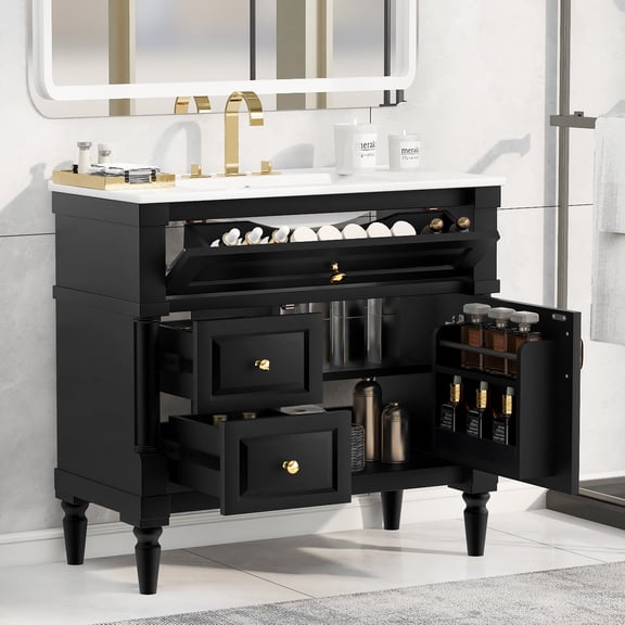 Alvantor 36" Bathroom Vanity with Ceramic Sink, Freestanding Storage Cabinet with Flip Drawers Black