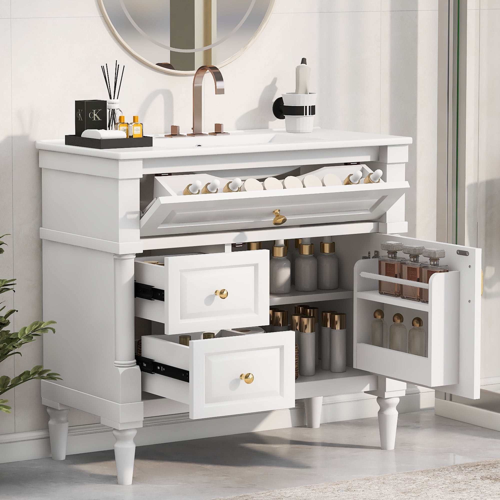 Alvantor 36" Bathroom Vanity with Ceramic Sink, Freestanding Storage Cabinet with Flip Drawers White