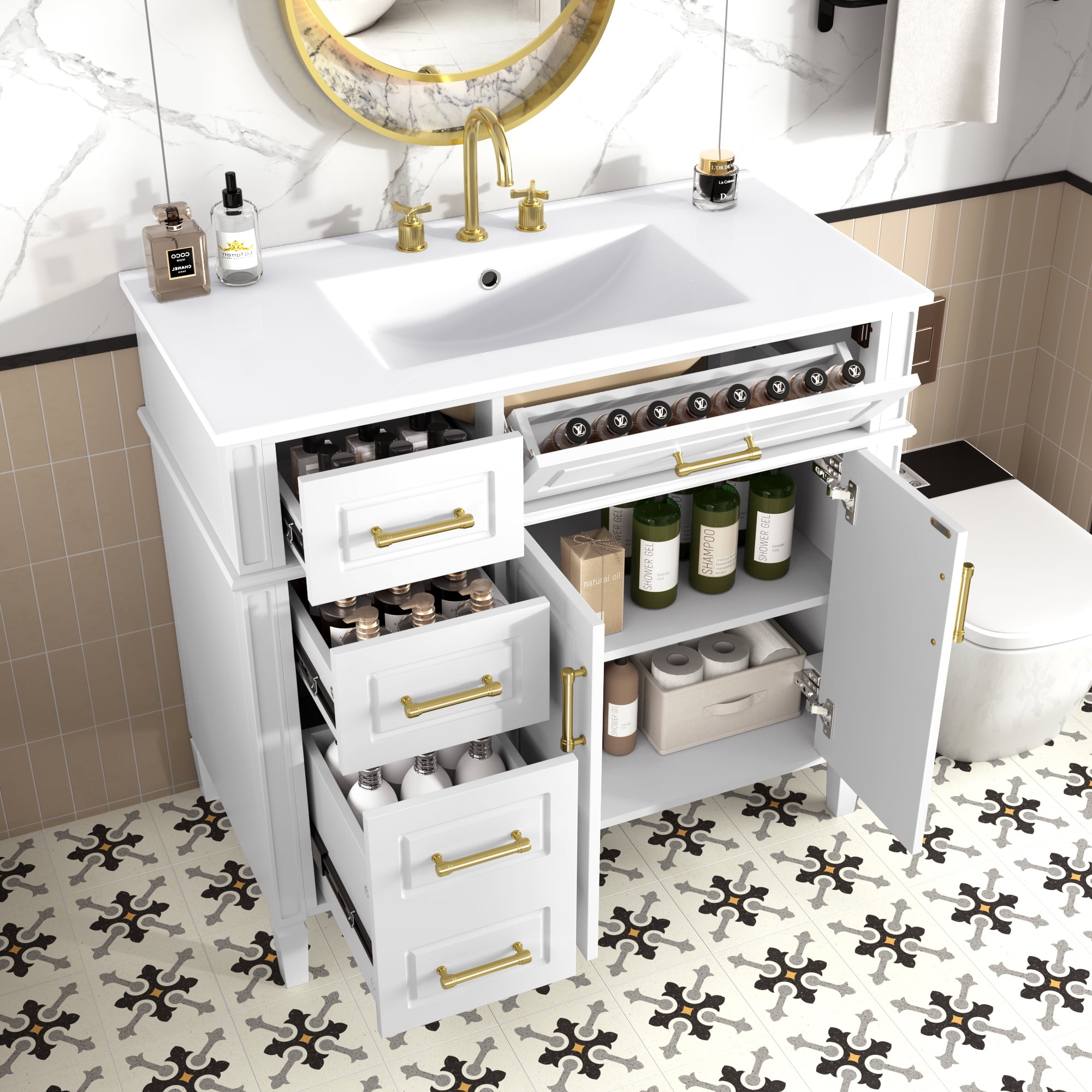 Alvantor 36" Bathroom Vanity with Sink, Freestanding Storage Cabinet with Flip Drawers White