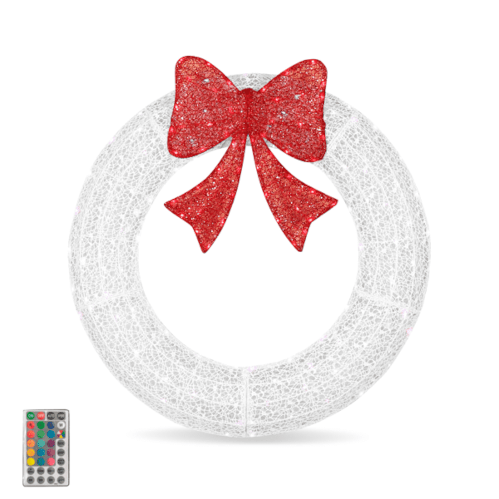 Alvantor 36-Inch Metal Christmas Wreath with 165 LED Lights, Red Bow, Remote and Timer, White