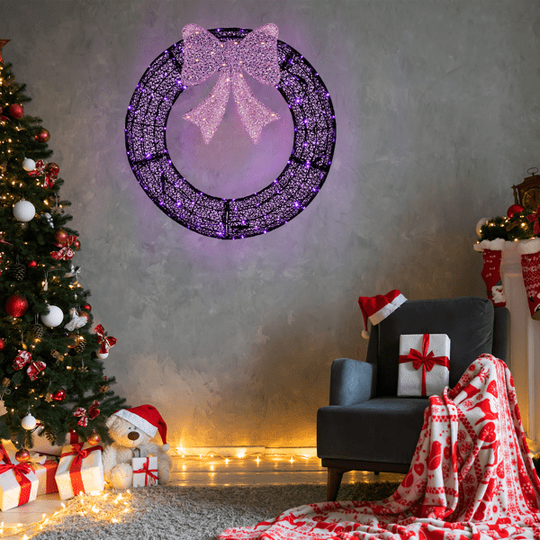 Alvantor 36 in Pre-Lit Christmas Wreath with 165 Purple and Orange LED Lights, Purple Bow, Remote Control and Timer, Black