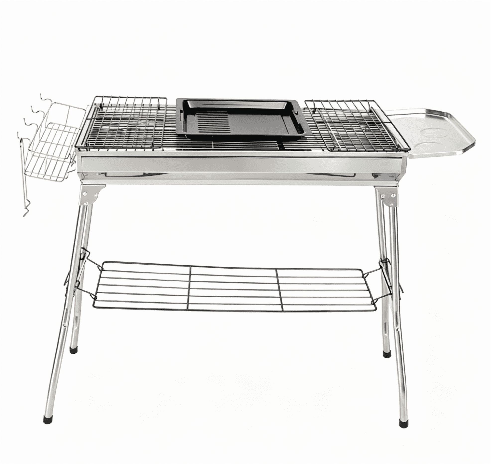Alvantor 39.37 in Portable Stainless Steel Charcoal Grill, Outdoor BBQ Grill with Grates, Enamel Tray, Storage Shelf, Silver