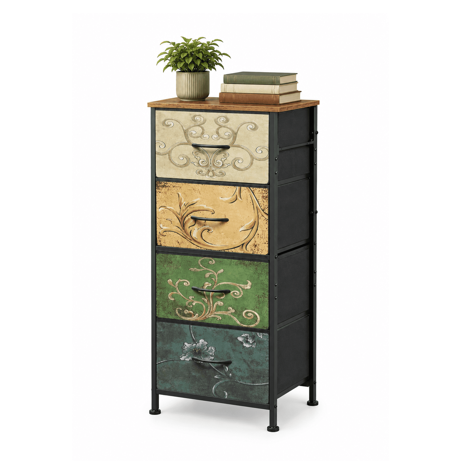 Alvantor 4/5/7/8/9-Drawer Dresser, Fabric Storage Tower for Bedroom, Hallway, Entryway, Closet, Tall Chest Organizer Unit with Fabric Bins, Steel Frame, Wood Top, Easy Pull Handle, Floral Painted