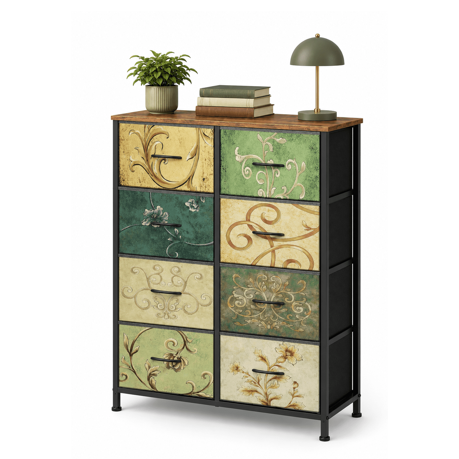 Alvantor 4/5/7/8/9-Drawer Dresser, Fabric Storage Tower for Bedroom, Hallway, Entryway, Closet, Tall Chest Organizer Unit with Fabric Bins, Steel Frame, Wood Top, Easy Pull Handle, Floral Painted