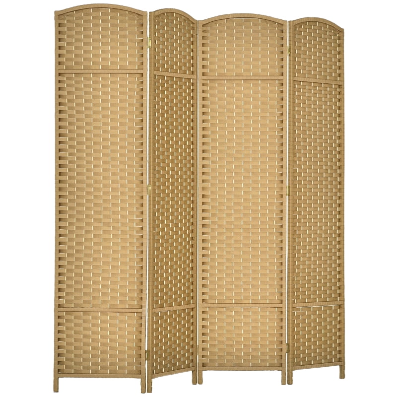 Alvantor 4-Panel Folding Privacy Screen with Hand-Woven PP Panels, Freestanding Room Divider 63"x0.6"x66.9"Nature Wood