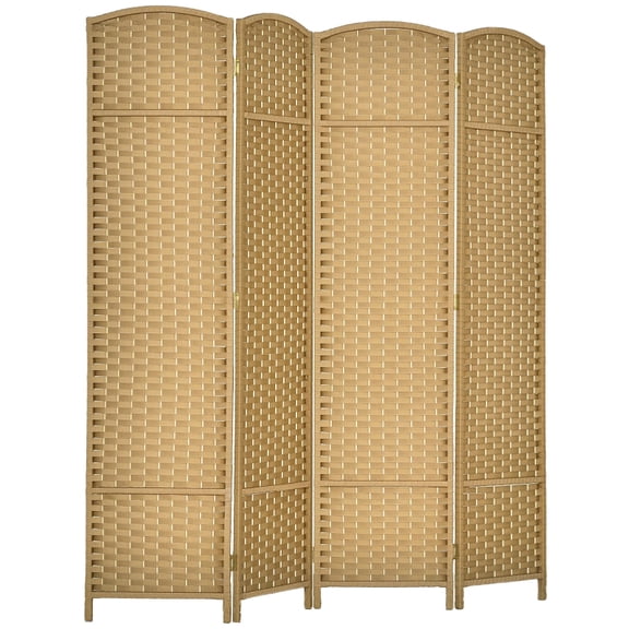 Alvantor 4-Panel Folding Privacy Screen with Hand-Woven PP Panels, Freestanding Room Divider 63"x0.6"x66.9"Nature Wood