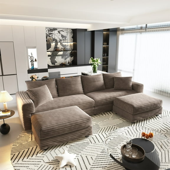 Alvantor 4-Seat Sofa with 2 Movable Ottomans 102" W Corduroy Upholstered Deep Seat Couches U Shaped Convertible Chaise for Living Room, Apartment Camel