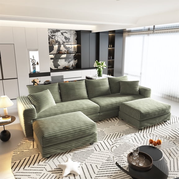 Alvantor 4-Seat Sofa with 2 Movable Ottomans 102" W Corduroy Upholstered Deep Seat Couches U Shaped Convertible Chaise for Living Room, Apartment Green