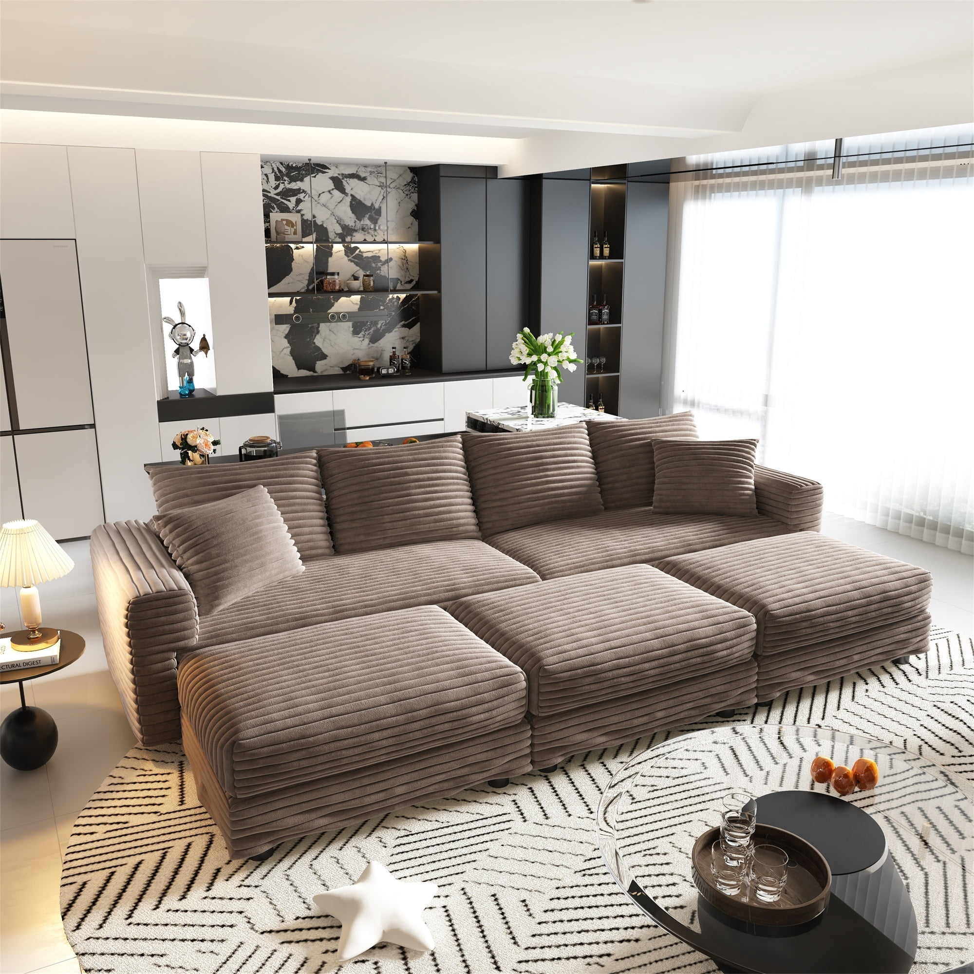 Alvantor 4-Seat Sofa with 3 Movable Ottomans 102" W Corduroy Upholstered Deep Seat Couches Convertible Chaise for Living Room, Apartment Camel