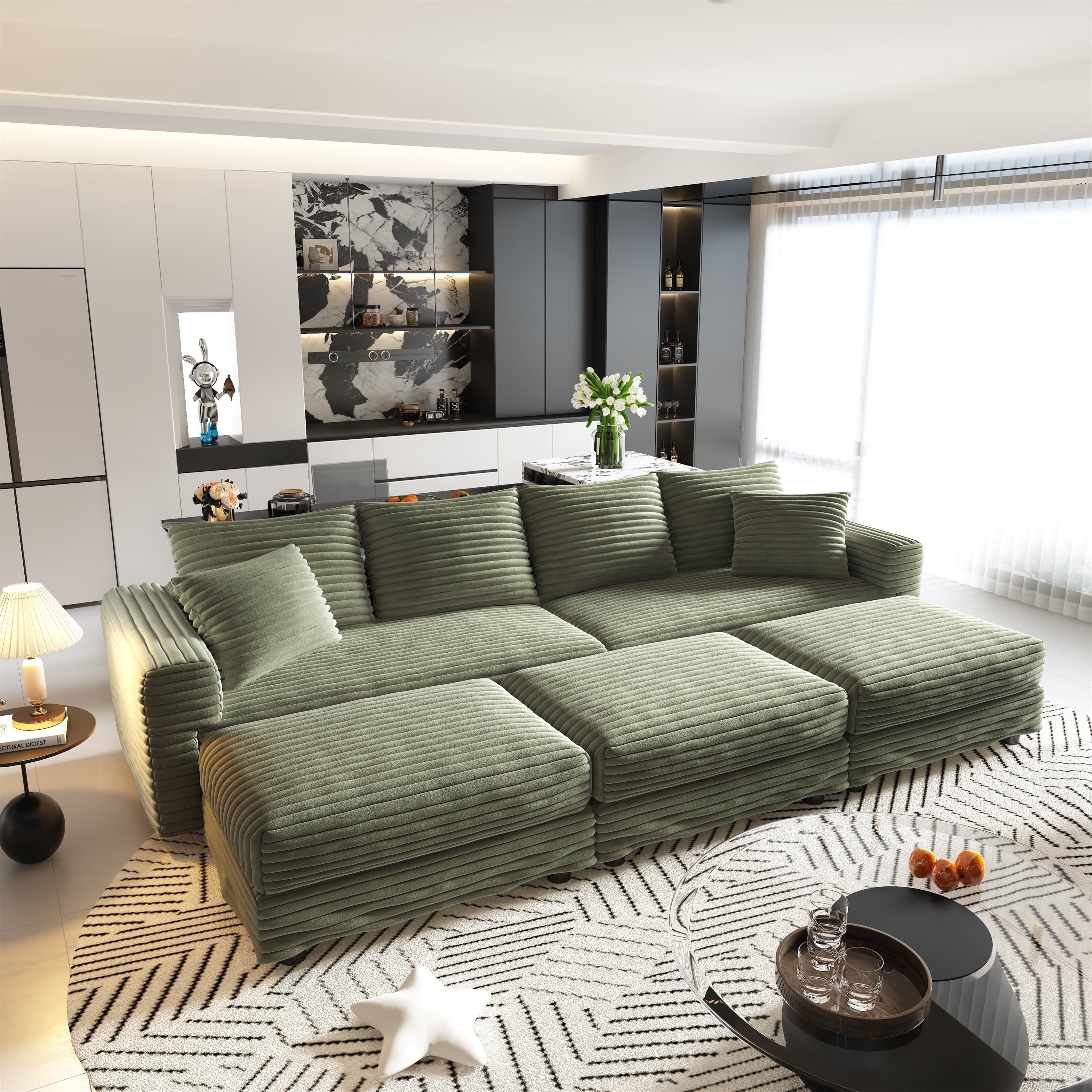 Alvantor 4-Seat Sofa with 3 Movable Ottomans 102" W Corduroy Upholstered Deep Seat Couches Convertible Chaise for Living Room, Apartment Green
