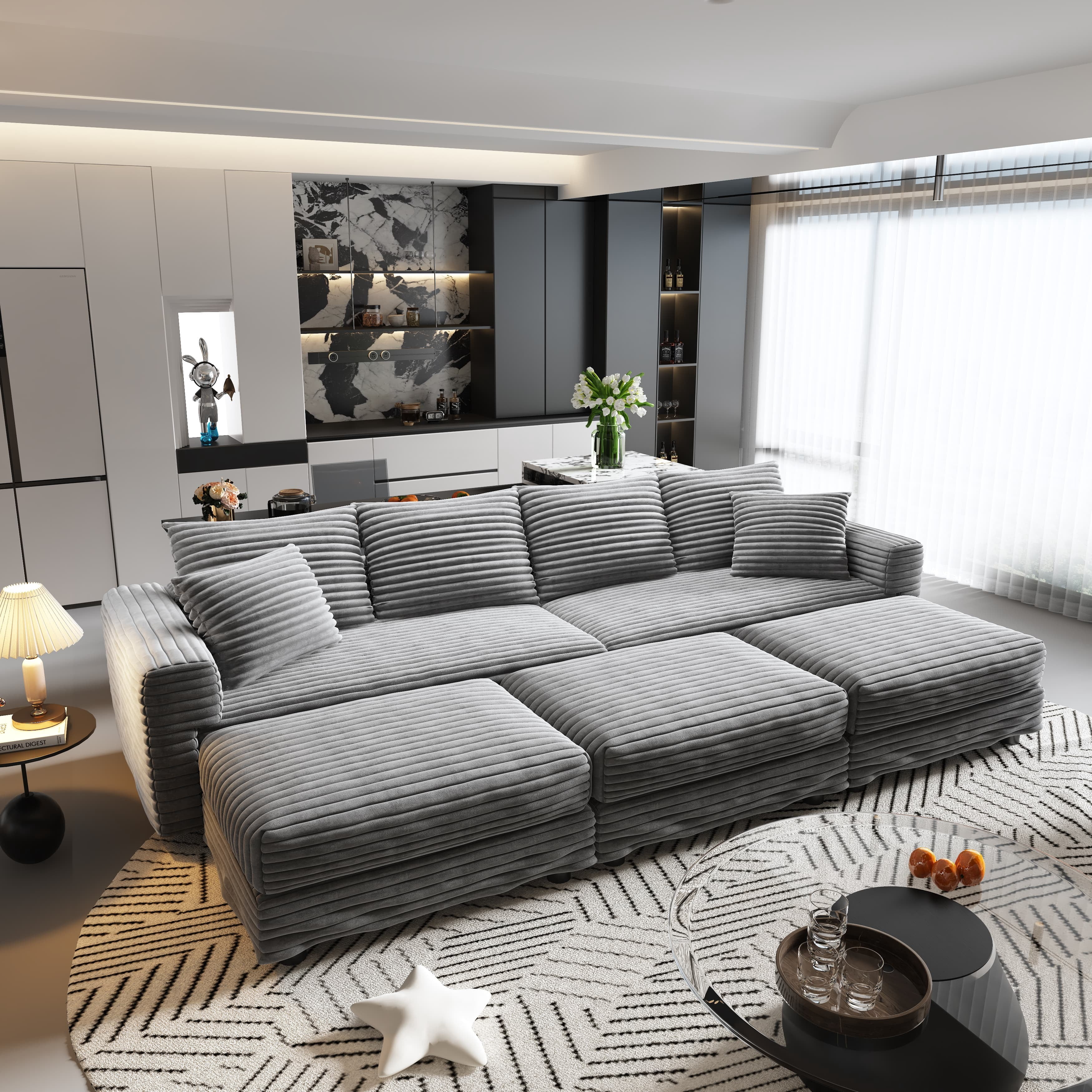 Alvantor 4-Seat Sofa with 3 Movable Ottomans 102" W Corduroy Upholstered Deep Seat Couches Convertible Chaise for Living Room, Apartment Grey