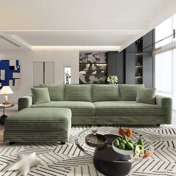 Alvantor 4-Seat Sofa with Movable Ottomans 102" W Corduroy Upholstered Deep Seat Couches L Shaped Convertible Chaise for Living Room, Apartment Green
