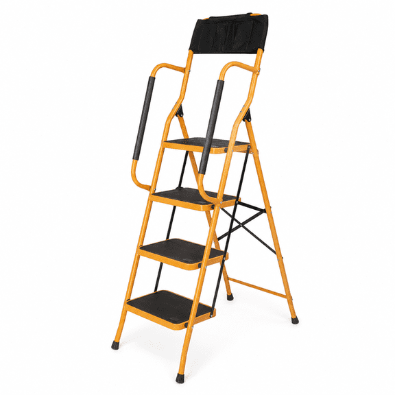 Alvantor Iron 4-Step Ladder with Handrails and Tool Bag, Ginger Yellow