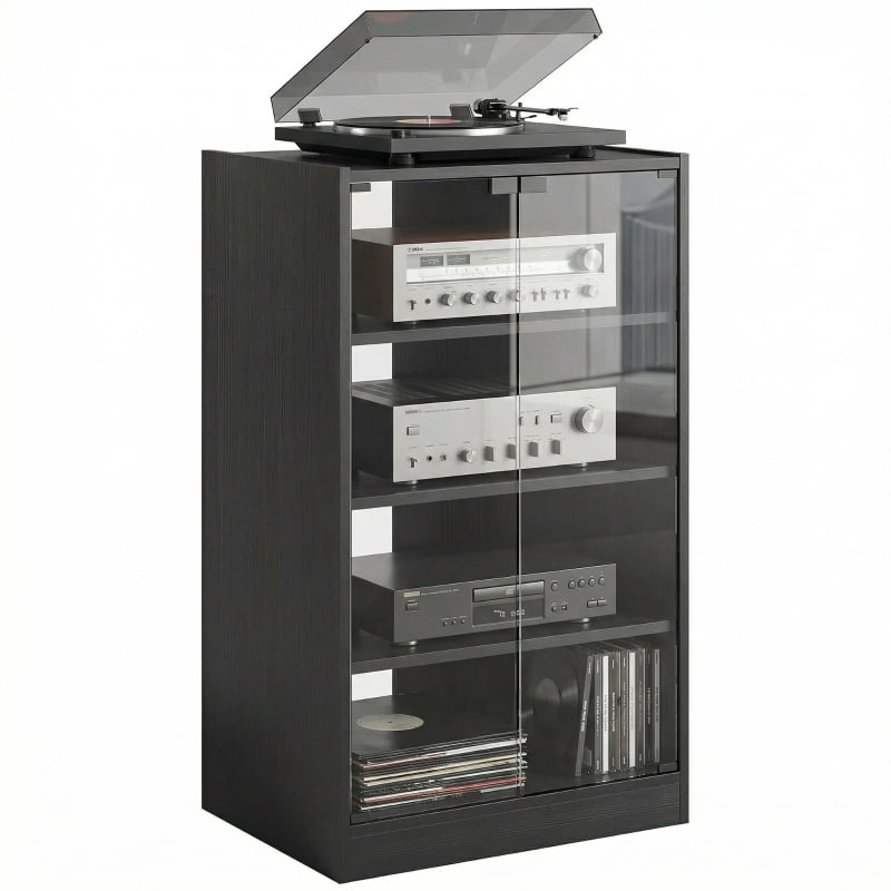 Alvantor 4-Tier Hi-Fi Storage Stand with Glass Doors & Adjustable Shelves 21.3x15.7x35.8 Black