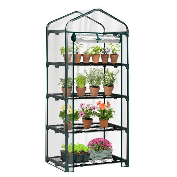 Alvantor 4 Tier Mini Greenhouse with PVC Cover, Roll-Up Zipper Door, Portable Indoor Outdoor Garden Plant Shelves, 27"x19"x62"