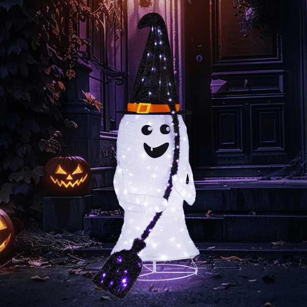 Alvantor 4 ft Lighted Pop-Up Ghost Halloween Decoration with Witch Hat, Broom and 135 White and Purple LEDs, Black and White