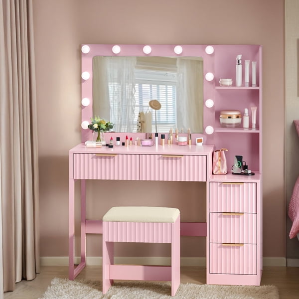 Alvantor 42.98 in Makeup Vanity Desk with 11-Bulb Lighted Mirror, Power Strip, 5 Drawers, 2 Shelves and Stool, Pink