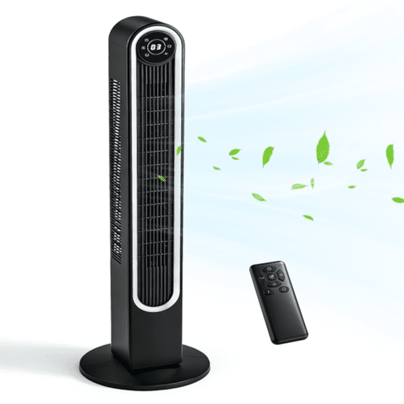 Alvantor 42-Inch Tower Fan, 4 Speeds, 3 Modes, 150° Oscillation, Remote Control, 9-Hour Timer, Black